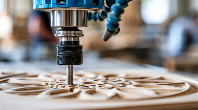 Automated CNC router carving a complex circular pattern into wood material, CNC router, circular pattern carving, advanced fabrication technology, modern woodworking,