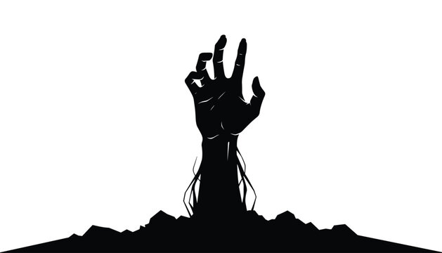 Dramatic black silhouette of a zombie hand rising from the ground representing horror or Halloween themes and scary concepts.