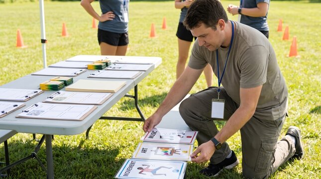 Man Arranging Summer Childcare, Camps & Activity Schedules Outdoors