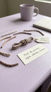 Rustic twine bundles and handwritten cards with 'Knot the promise before attention loses' message for Low Attention Span