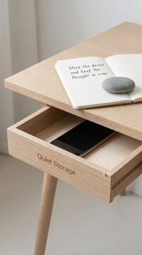 Minimalist Wooden Desk Drawer with Smartphone for Digital Detox and Quiet Storage