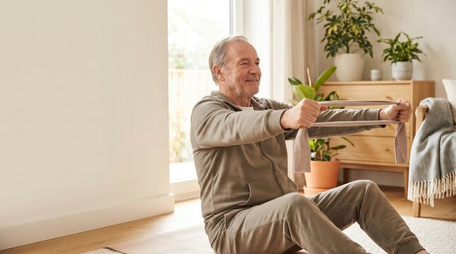 Senior Man Exercising with Resistance Band for Senior Citizen Day