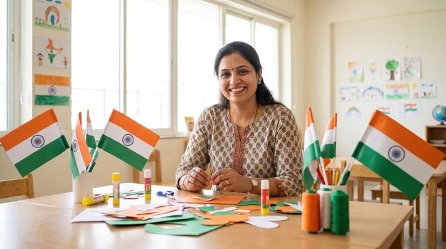 Smiling Teacher Prepares India's Independence Day Crafts with Supplies