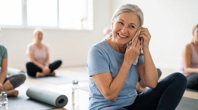 Smiling Senior Woman Wiping Sweat After Fitness Session for Senior Citizen Day
