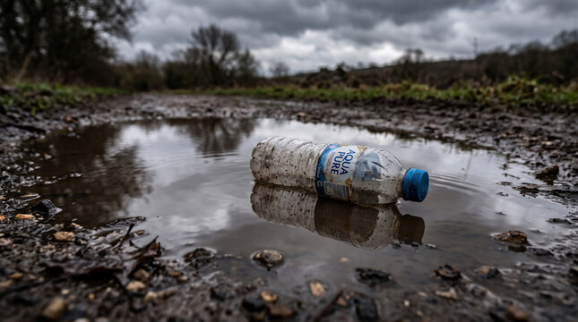 Discarded Plastic Bottle in Muddy Puddle: A solitary, empty plastic water bottle floats in a murky puddle on a muddy path, a stark symbol of environmental pollution.