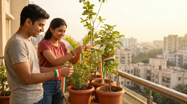 Young Indian Couple Decorates Plants with Tricolor Flags for India's Independence Day Celebration
