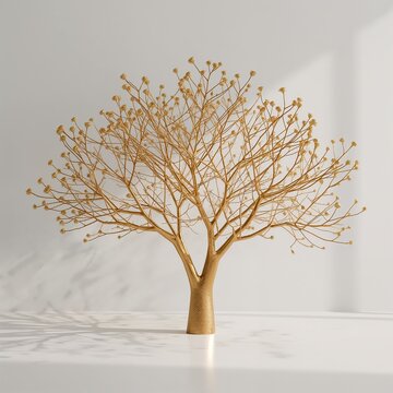 Elegant golden tree with intricate branches on a clean neutral background, symbolizing prosperity, wisdom, growth, abundance, and the tree of life.