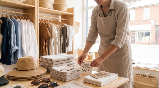 Woman in Boutique Preparing for End of Summer Retail & Clearance Campaign