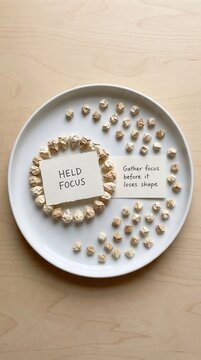 White Plate Featuring Chickpeas Arranged Around Text Cards for Low Attention Span Focus