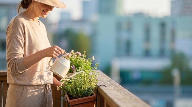 Woman Waters Balcony Plants for World Lungs Day