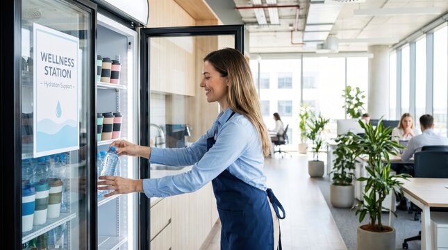 Woman Grabs Water for Heatwave Safety in Office Breakroom