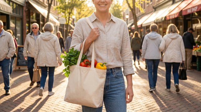 Woman with Reusable Bag Shopping for Summer Bank Holiday