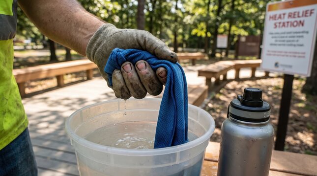 Worker's Hand with Blue Rag for Heatwave Safety Cooling