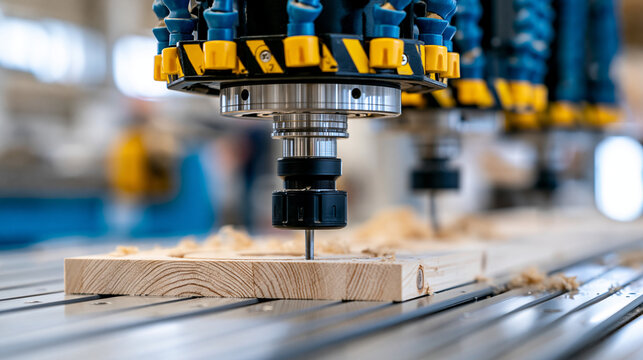 Wood CNC machine at a carpentry workshop production line, CNC woodworking machine, production line, wooden factory, automated manufacturing, industrial technology, with copy space