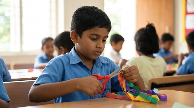 Young Indian boy diligently crafts decorations for India's Independence Day celebration at school