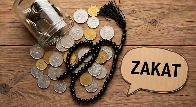 Zakat concept with coins and prayer beads on a wooden table for Islamic charity donation.