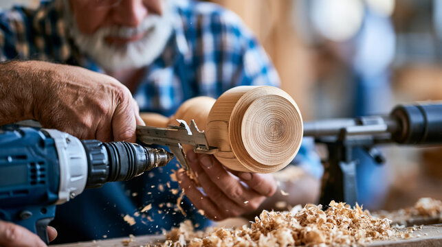 Faceless wood turner measuring workpiece dimensions using hand and power tools, wood turning, workpiece measurement, factory power tools, carpentry precision, manufacturing