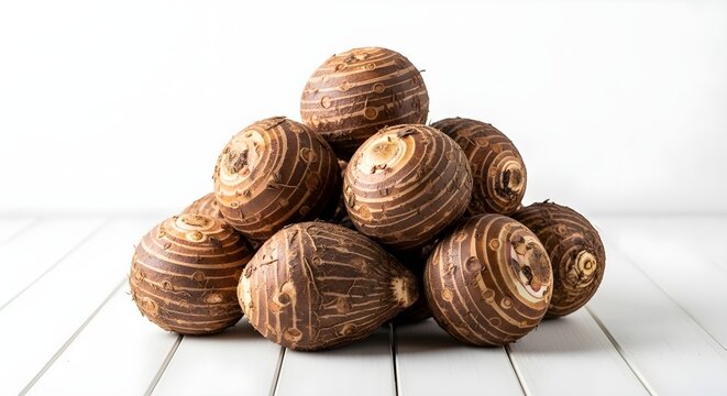 A pile of fresh, earthy taro roots is stacked on a rustic white wooden table. Rustic white wood displays a stack of fresh, brown taro corms ready for cooking.