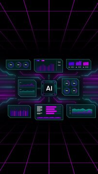 High tech portrait UI floating in a grid tunnel displaying real time AI system metrics and status logs.