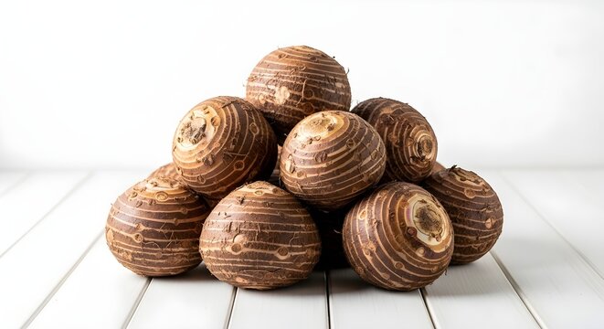A pile of fresh taro roots rests on a white wooden table surface. Uncooked eddo tubers are stacked, showing their natural brown texture on wood.