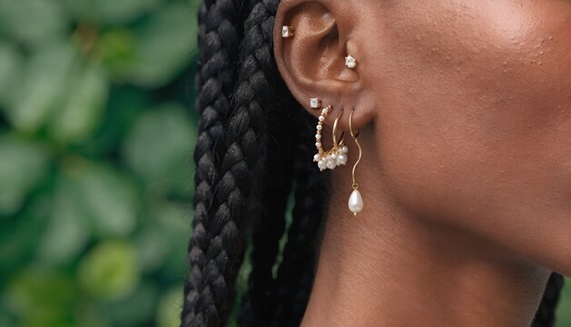 Stylish Ear Adornments Featuring Pearls And Gold Creating A Stunning And Classy Visual Impact.