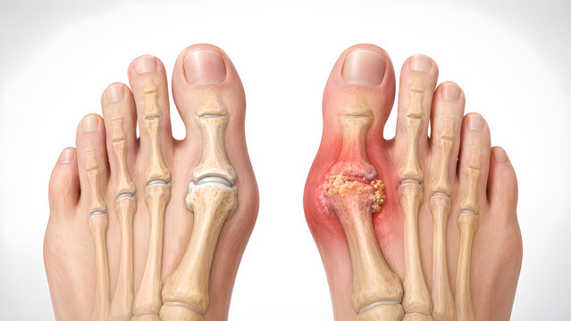 Gout vs Normal Big Toe Joint Comparison Medical Illustration Showing Podagra, Urate Crystal Deposits, Inflammation and Healthy Anatomy for Healthcare Education and Patient Information Design