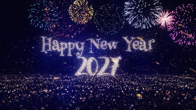 Happy New Year 2027 text animation with Glittering magical particles along with snowy, twirly particles and fireworks background