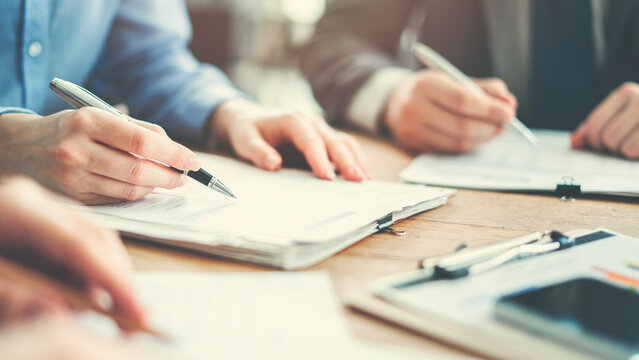 Corporate team analyzing project plan and budget