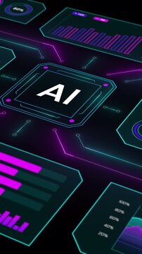 Low angle perspective view of an AI processor UI showing circuit data flows and scrolling metrics in 9:16.