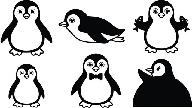 Conjunto de simp&aacute;ticos ping&uuml;inos de dibujos animados en blanco y negro