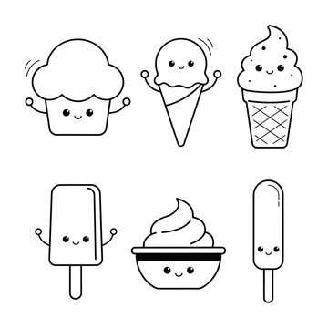 Conjunto de lindos postres y helados estilo kawaii