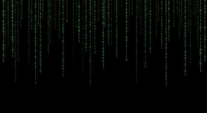 Digital green binary code falling on black background for technology and data security concept