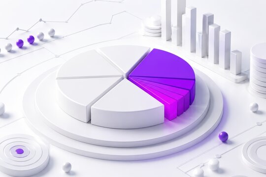 Data Visualization: A modern digital representation of data using a pie chart and bar graphs, showcasing analytics and financial growth with purple and white accents.
