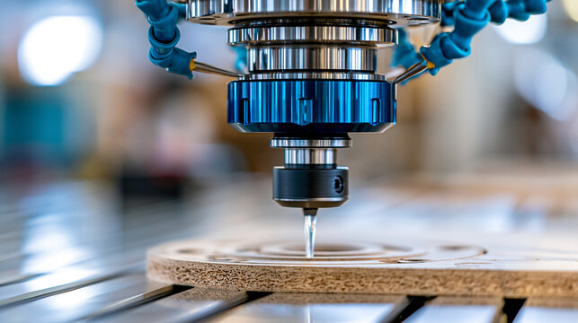 CNC machine routing an MDF board for furniture production, CNC routing, MDF board, furniture production, precision manufacturing, woodworking technology, with copy space