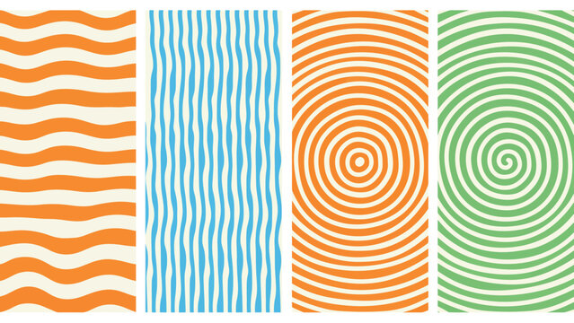 Conjunto de cuatro patrones abstractos coloridos con l&iacute;neas onduladas, verticales y en espiral
