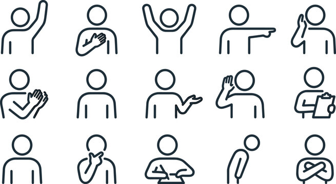 Human gestures and body language thin line icon set featuring business communication listening and presenting,