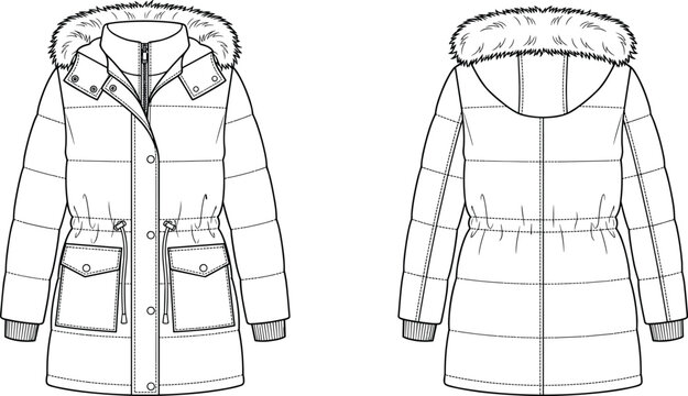 Blank winter puffer parka jacket with fur hood vector mockup template front back view flat sketch