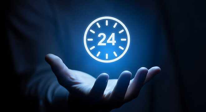 Hand holding glowing 24 hour service icon representing constant customer support availability.