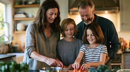 Obraz premium A family of four preparing food together in a bright kitchen with natural light and fresh vegetables on the counter