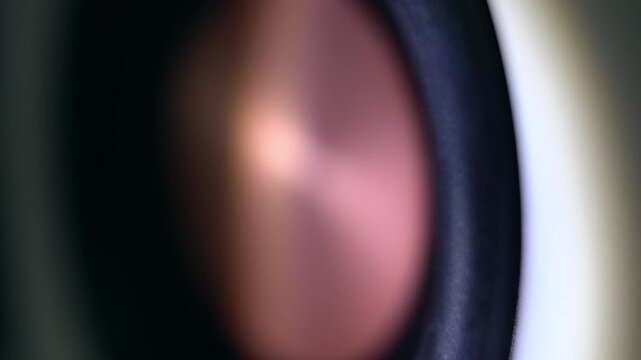 Macro Close Up View of Studio Monitor Speaker Cone Vibrating with Audio Sound Bass Pulse