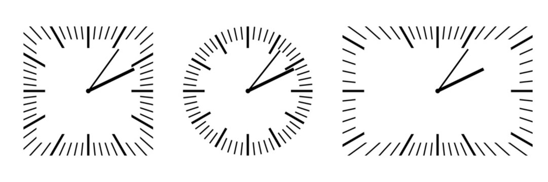 Geometric clock face and watch dial element kit. Editable bold and thin stroke line layout scale set without numbers. Abstract square or circle pointer collection for dashboard or timer design