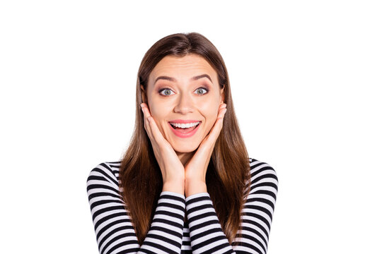 Close up photo of charming lady touching her face with palms screaming  wearing striped pullover isolated over white background