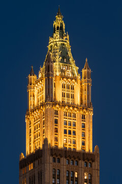 New York City, NY, USA &ndash; March 10, 2025: The Woolworth Building, an iconic Gothic Revival landmark in Lower Manhattan designed by Cass Gilbert, illuminated at night