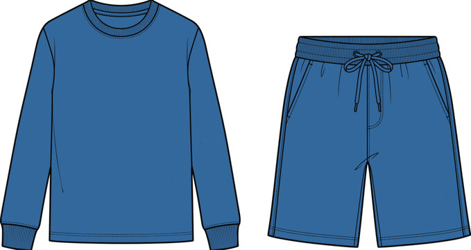 Men casual lounge set with long sleeve sweatshirt and shorts technical fashion flat vector sketch