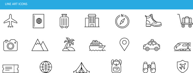Fototapeta premium Icon On Minimalist travel line art icons set, modern vacation and tourism vector symbols, 21 outline adventure elements for web and mobile apps ,Clean grouped each Icon