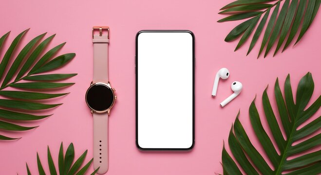 Smartphone smartwatch and wireless earbuds on pastel pink background with tropical leaves around them in a modern flat lay composition