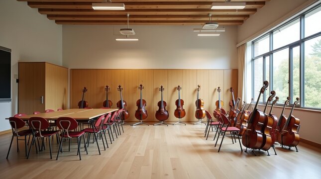 Aula de m&uacute;sica con instrumentos ordenados, paneles ac&uacute;sticos en las paredes y dise&ntilde;o moderno