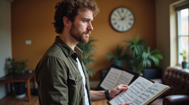 Profesor de m&uacute;sica sosteniendo una partitura en una sala de ensayo contempor&aacute;nea