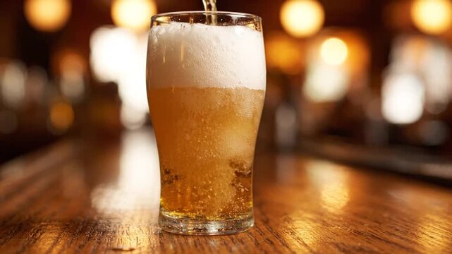 Pouring golden beer into a glass with frothy head, close up, pub background