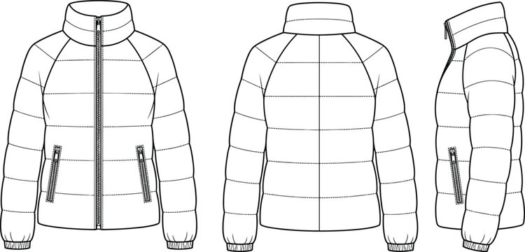 Puffer jacket technical flat sketch template showing front, back, and side views for fashion design